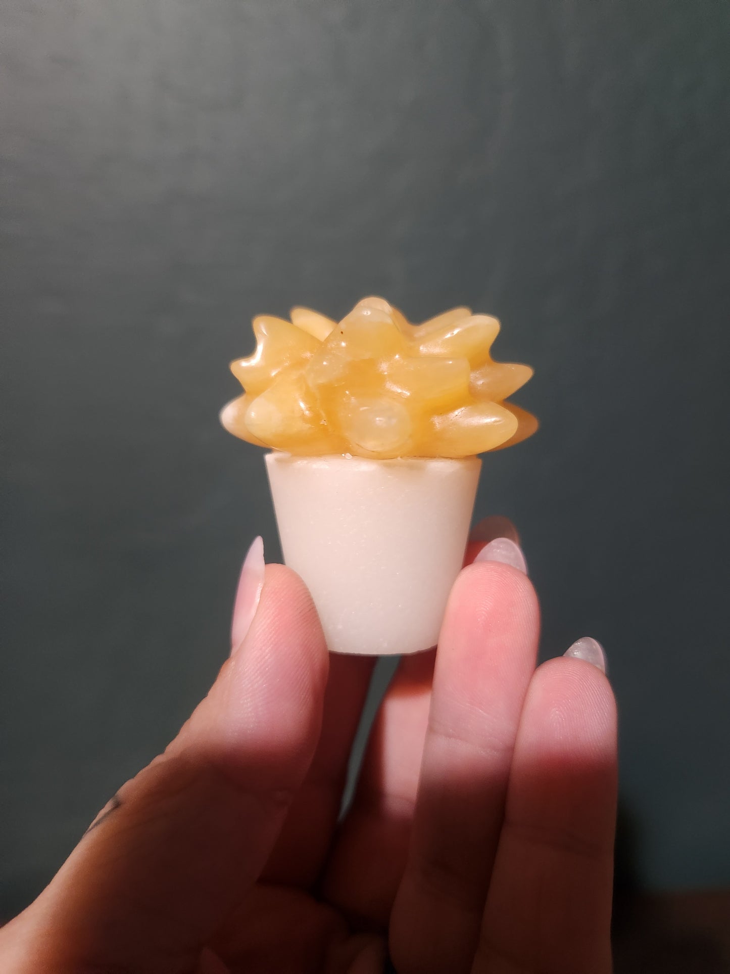 Yellow Calcite Succulent on White Marble Base