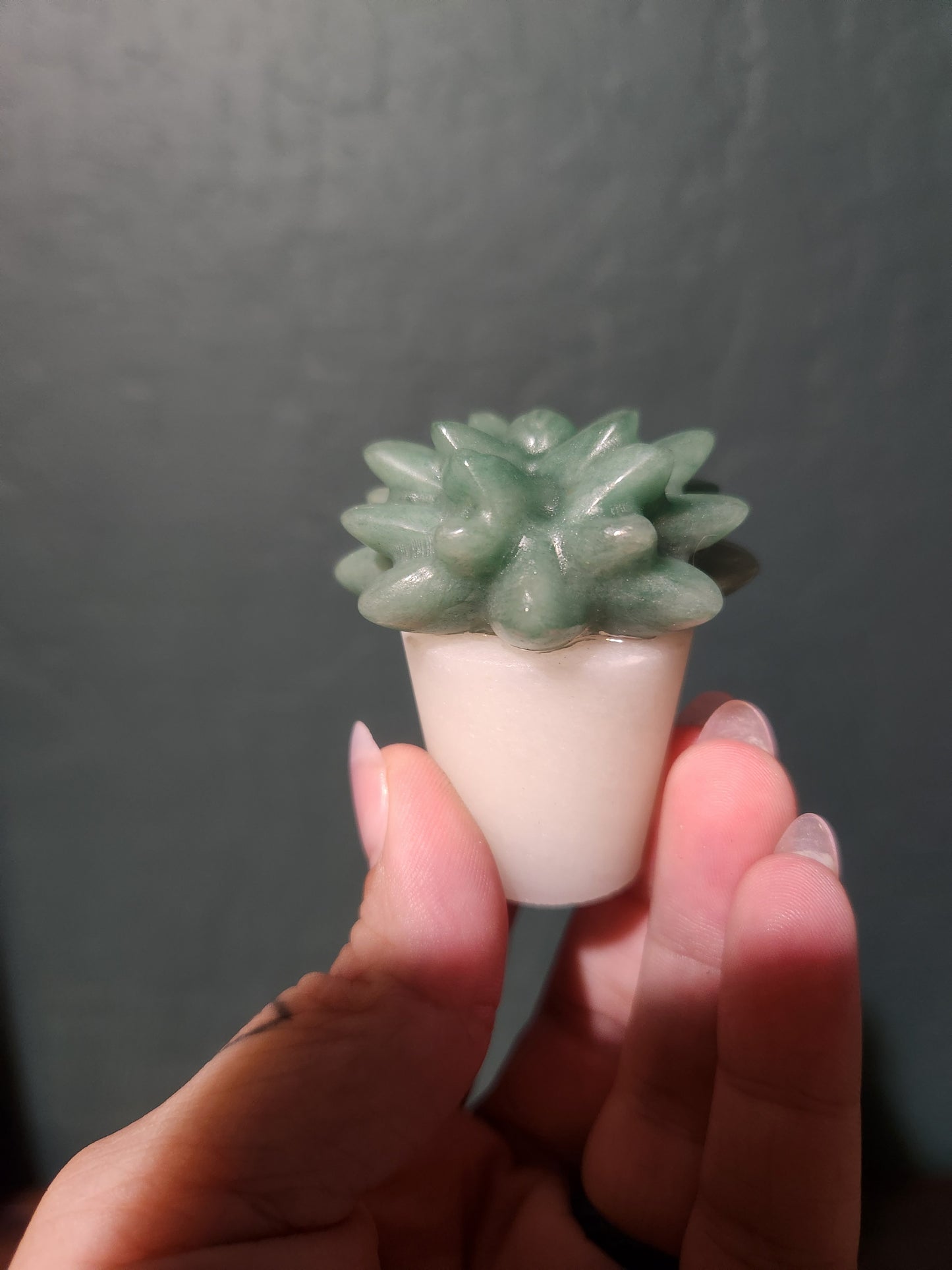 Green Aventurine Succulent on White Marble Base
