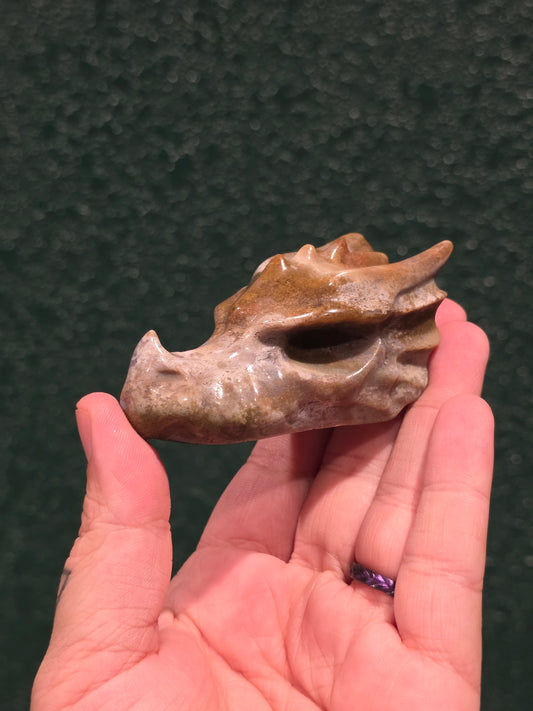 Sea Jasper & Moss Agate Dragon Skull - Med