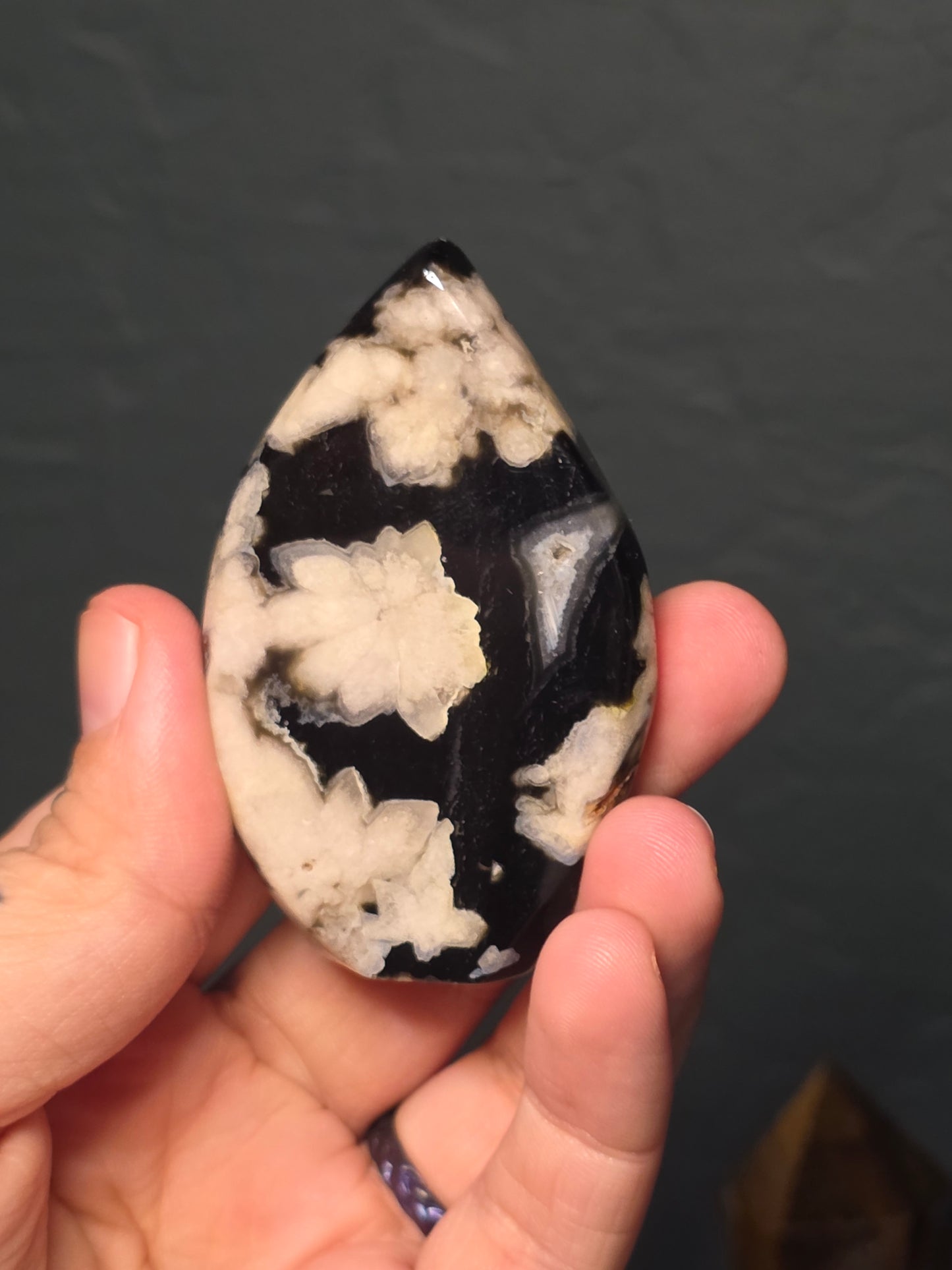 Dyed Black Flower Agate Tear Drops - UV Reactive