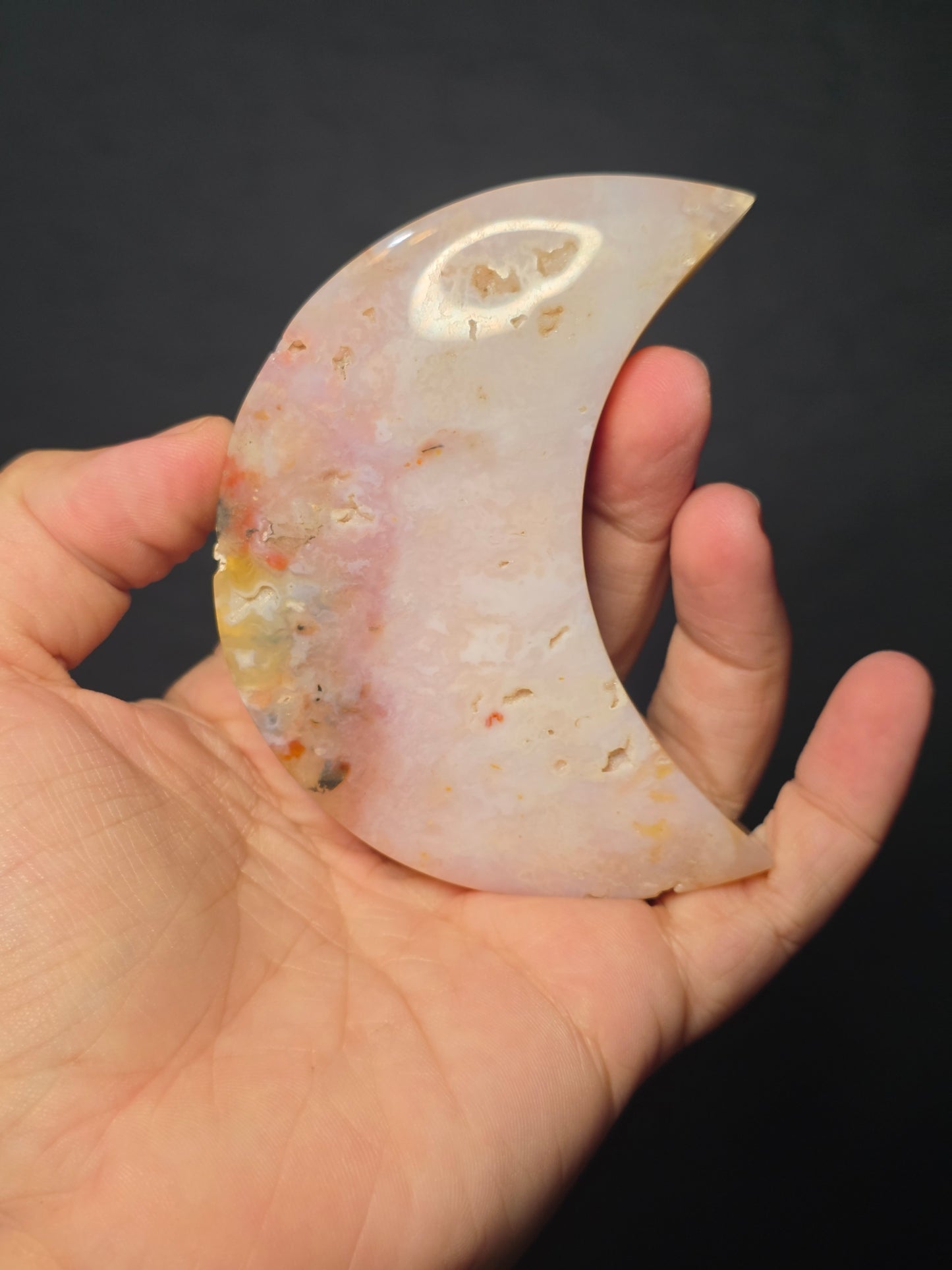 Pink Plume Agate Moon Carving